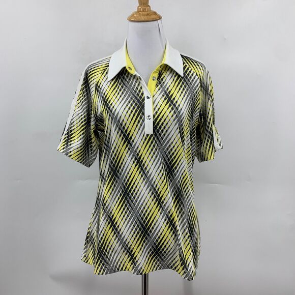 GG Blue Polo Shirt Womens M Multi Geo Print Snap Button Collared Short Sleeve - Picture 2 of 10